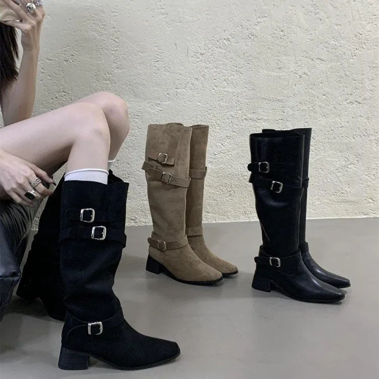 百搭堆堆靴皮带扣长靴女2025秋季新款设计感绒面粗跟西部骑士靴子