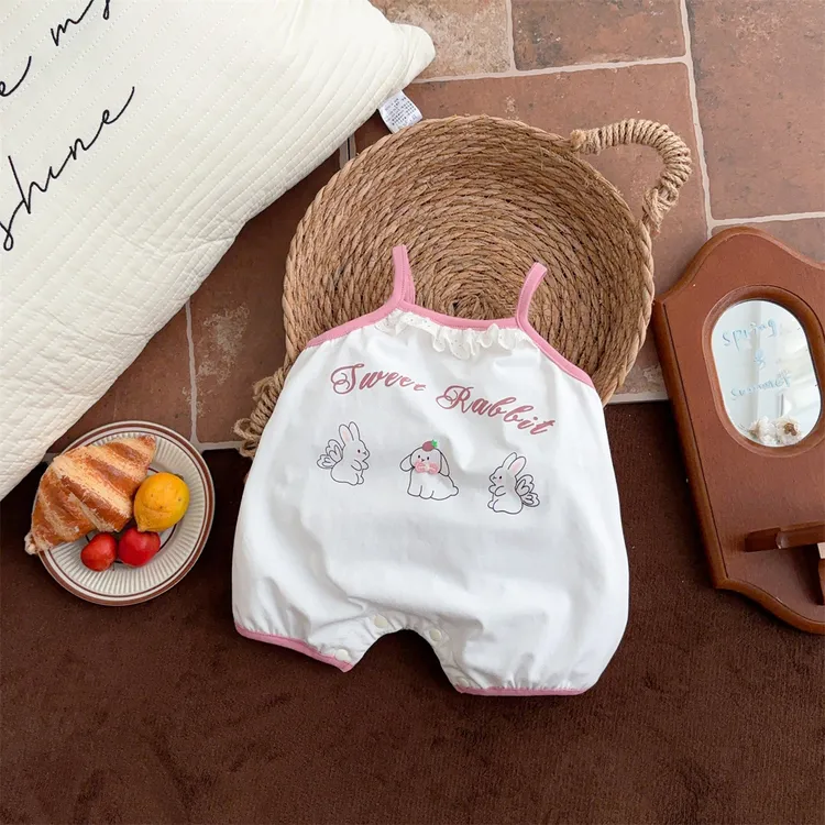 婴儿衣服吊带包屁衣夏季女童宝宝洋气薄款哈衣花边领子小兔连体衣