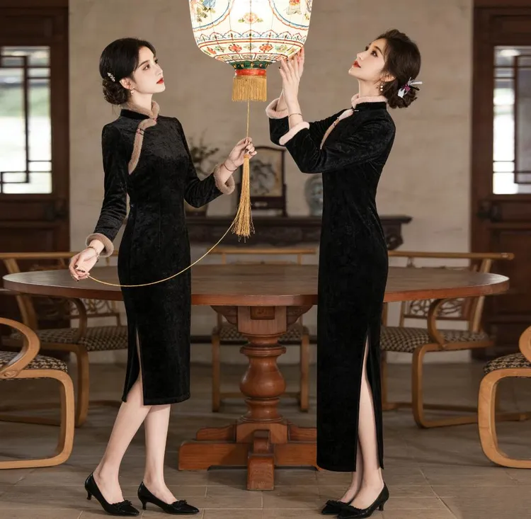【涵玥】冬季网红少女高端款黑色长袖加绒保暖复古中式旗袍日常显瘦