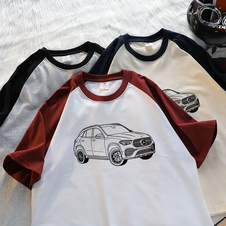 奔驰GLE汽车线稿T印花宽松落肩休闲圆领纯棉插肩T恤男透气夏季