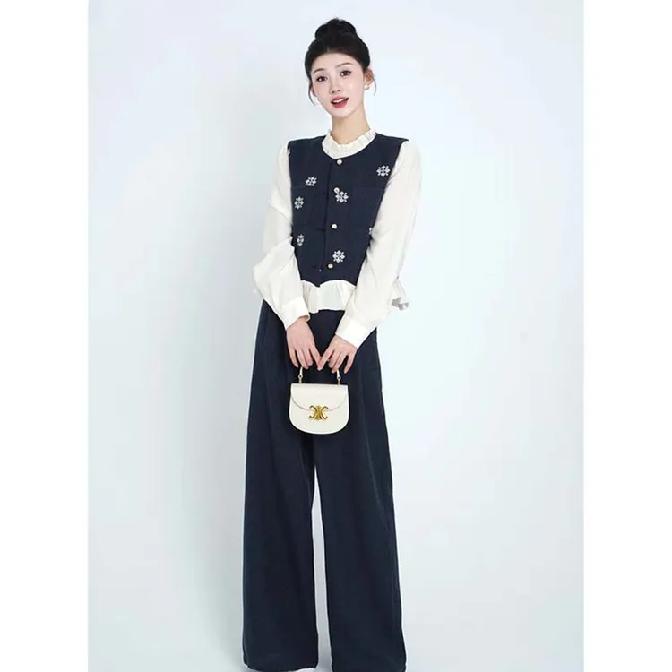 【三件套】2025春秋季老钱风藏青色百搭出游小香风裤子套装TX0144