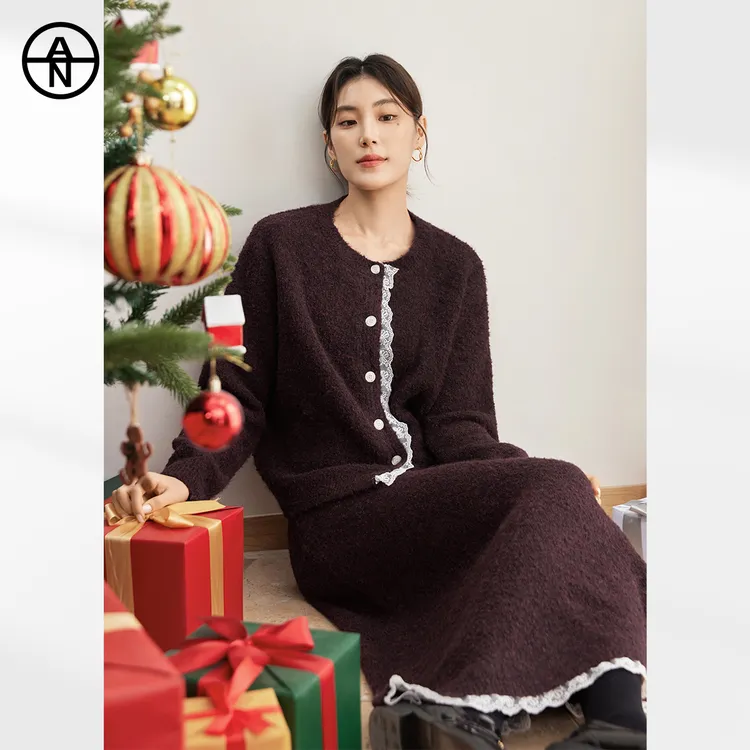 AN大码女装新年氛围感红色毛衣套装裙冬季微胖mm上衣半身裙两件套