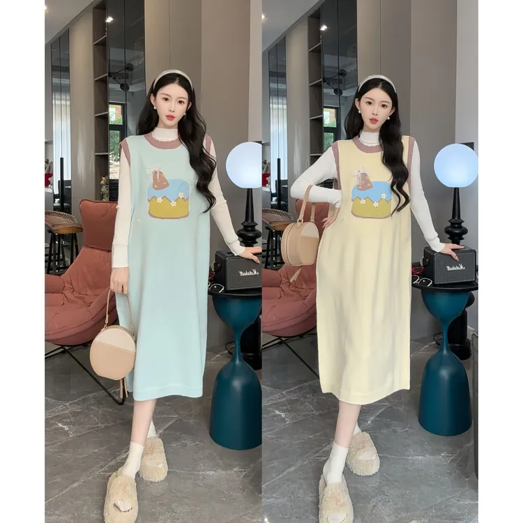 秋冬新款孕妇装女刺绣卡通背心裙时尚甜美软糯打底上衣两件套秋装