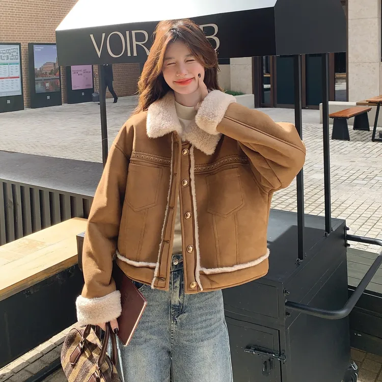 棕色复古皮毛一体羊羔毛外套女2025冬季新款小个子短款加绒厚棉服