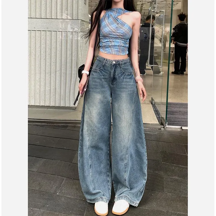 美式高街水洗弯刀牛仔裤女2025秋季新款高腰宽松显瘦痞帅阔腿裤
