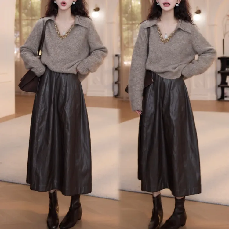 纯欲慵懒风时尚套装女2025春秋新款翻领亮片针织毛衣半身裙两件套