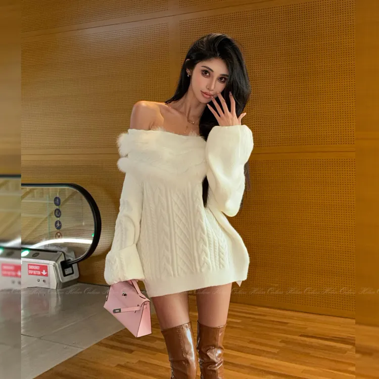 HELEN"北国雪狐"纯欲风狐狸毛针织衫大领口慵懒绞花工艺毛衣S938