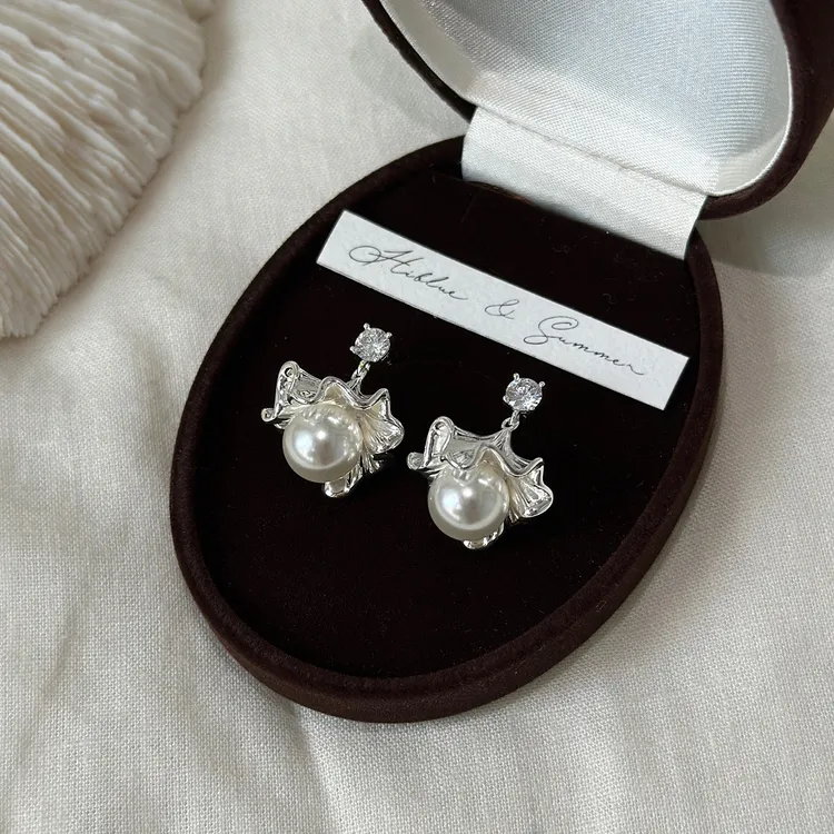 铜合金仿珍珠耳饰 小众扇形银杏叶流苏珍珠耳环女夏耳坠2025新款