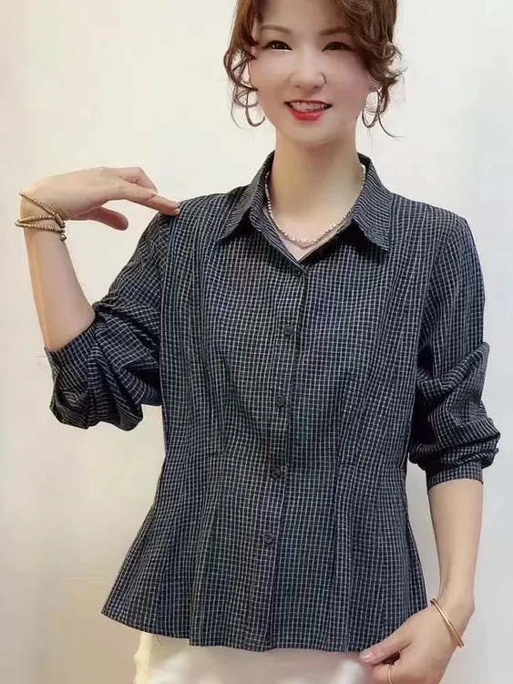 秋季新款韩系格子长袖衬衫洋气减龄收腰设计宽松显瘦女士长袖上衣