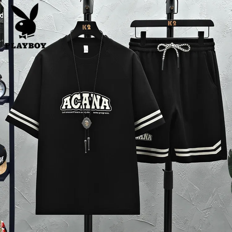 花花公子夏季休闲套装男士短袖短裤休闲帅气帅气百搭t恤两件套潮