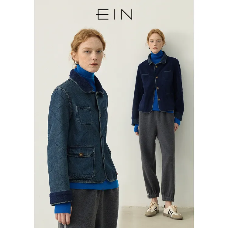 EIN/言复古做旧双面穿拼接颗粒绒翻领短箱型牛仔外套女装春秋新款