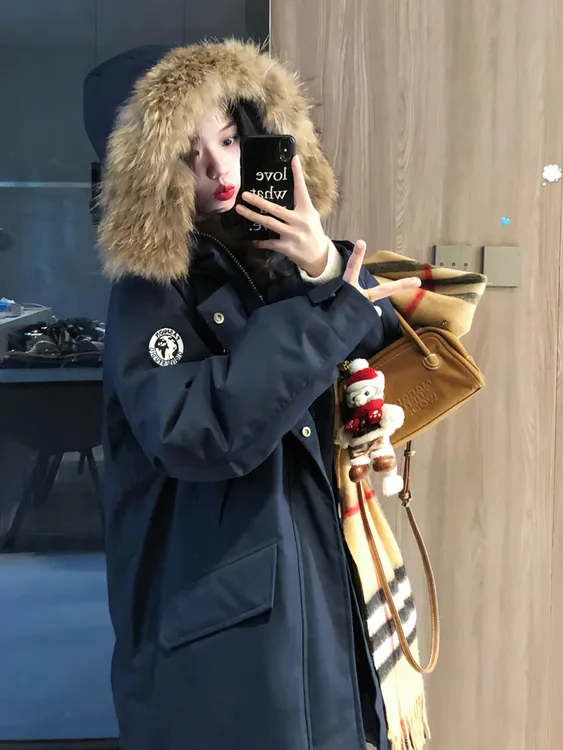 藏青大毛领工装棉服女2025新款冬季韩版宽松长款过膝棉衣棉袄外套