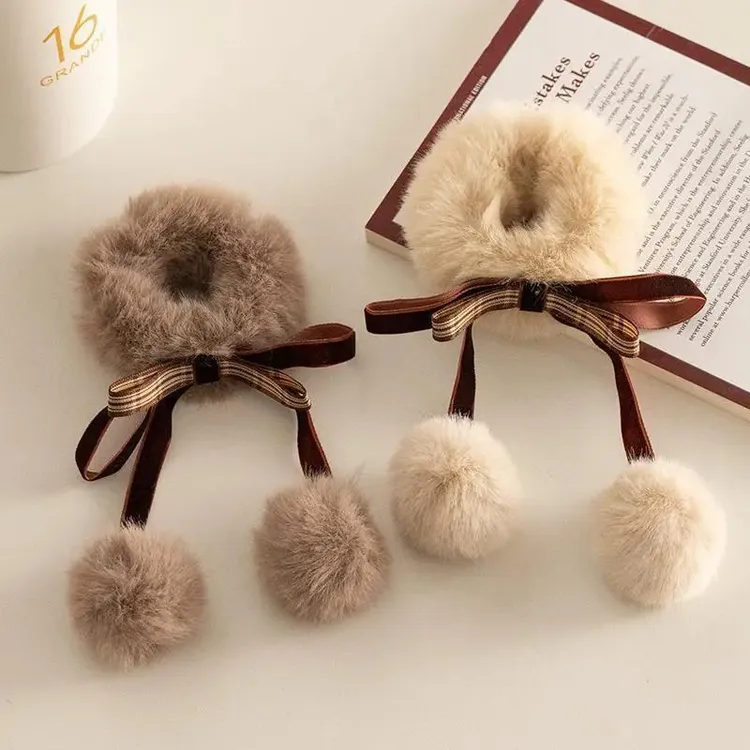 新年秋冬新款咖色系毛绒发圈气质仙美毛球蝴蝶结头饰扎丸子头头绳
