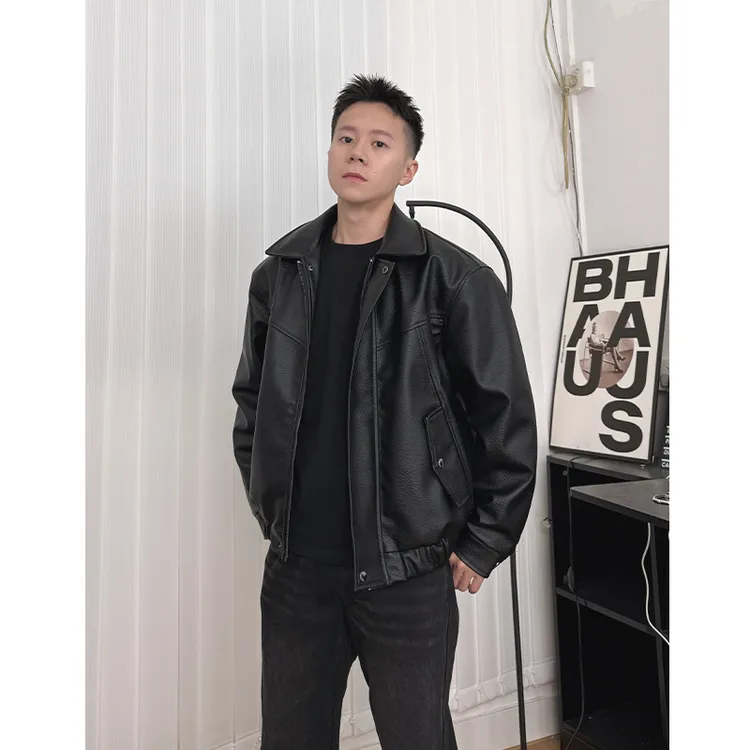 WK叁金【小个子皮衣】短款翻领PU皮夹克春秋季男痞帅慵懒风休闲外套