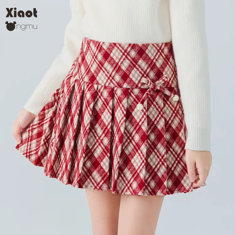 小童木 学院风格纹女童半身裙冬季新款圣诞节日女大童毛呢百褶裙