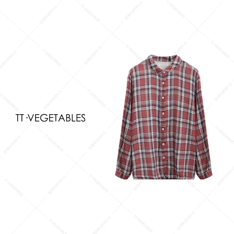 噢芬/小个子 【红格】纯棉红色格子长袖衬衫单排扣上衣521446