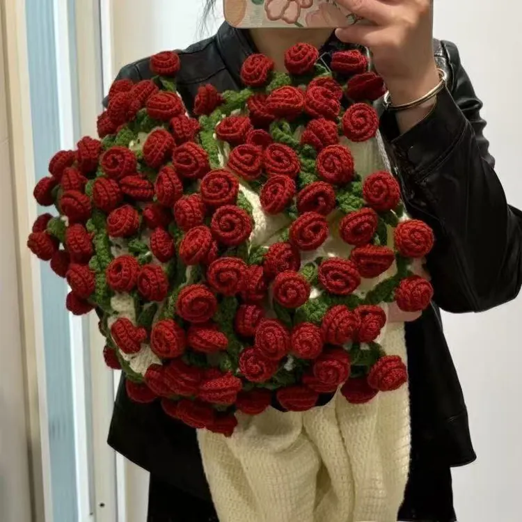 成品玫瑰花束毯子成品午睡花毯手工编织毛线花朵铃兰毛毯向日葵毯