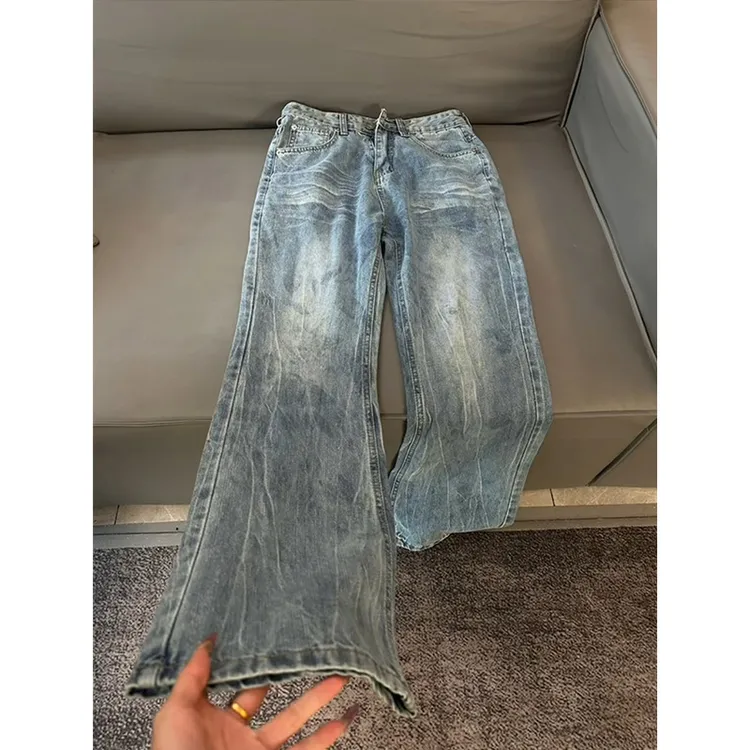 2025夏季美式cleanfit半松紧腰水洗浅蓝牛仔男生裤子男款夏季直筒