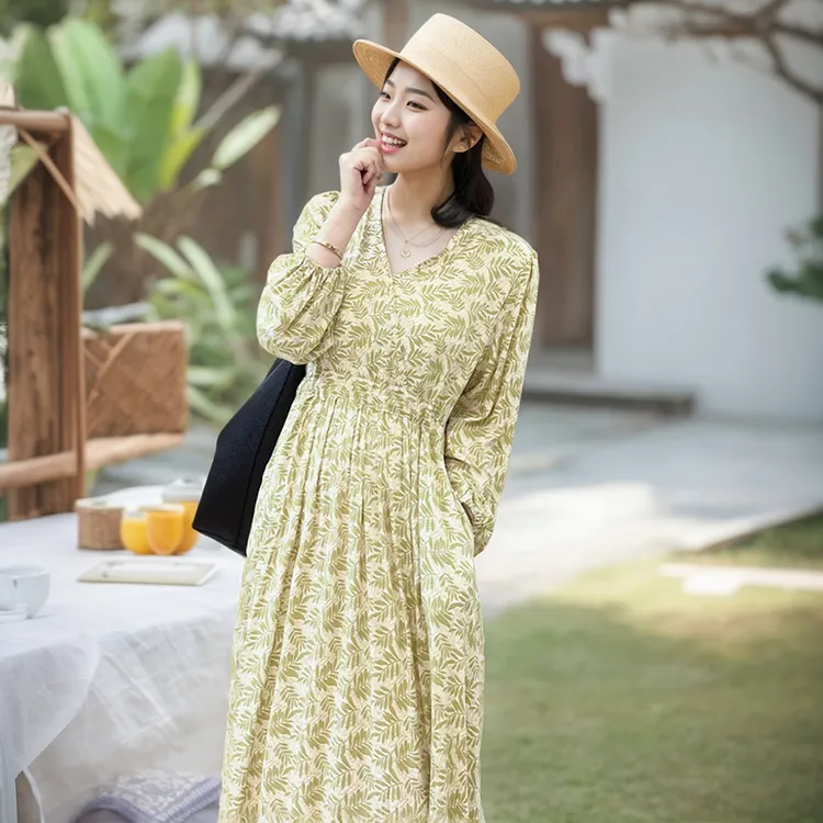 【长袖】棉绸连衣裙碎花人造棉春秋收腰显瘦长款宽松减龄气质有口袋