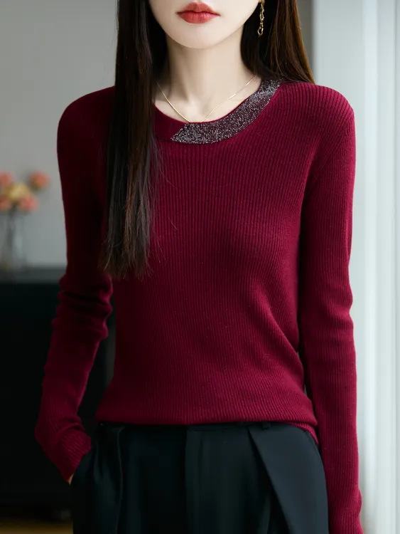 羊毛拼钻长袖打底衫女