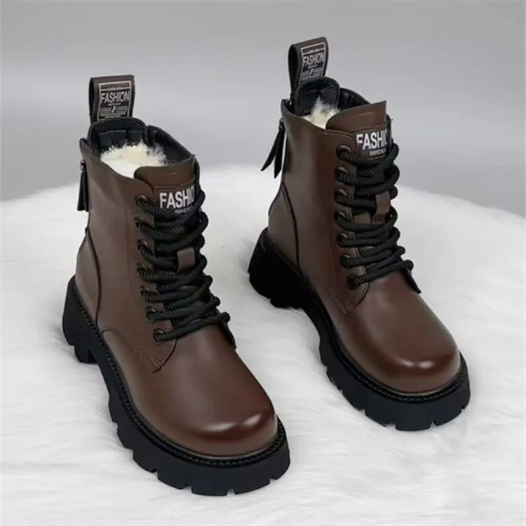 秋冬女马丁靴纯牛皮女靴英伦女鞋加绒厚底保暖时尚休闲百搭真皮