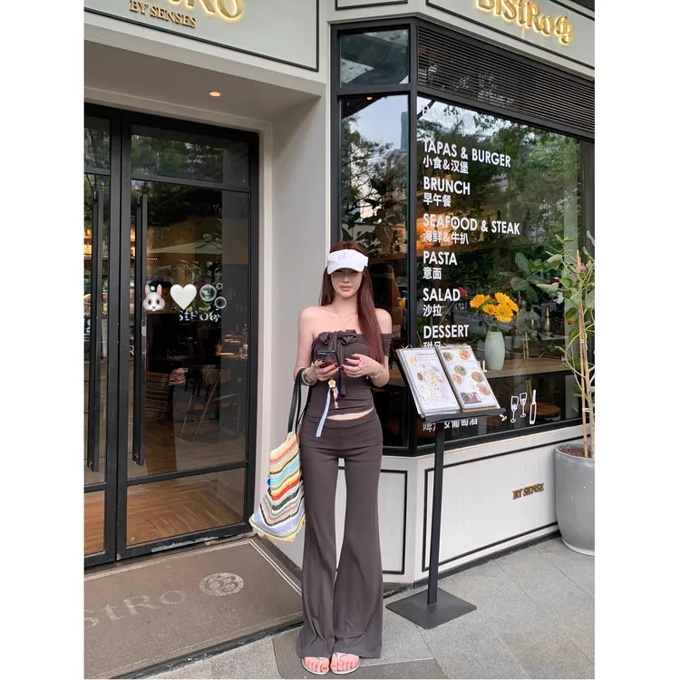 时尚百搭套装辣妹修身飘带无袖抹胸背心女夏季微喇叭休闲裤两件套