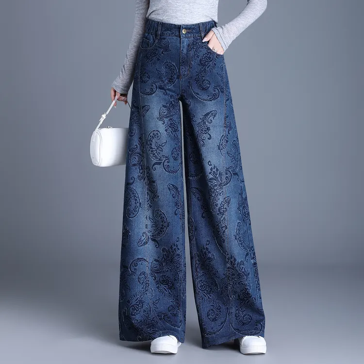 2025秋冬新款时尚提花阔腿牛仔裤女百搭高腰遮肉拖地裤宽松休闲裤