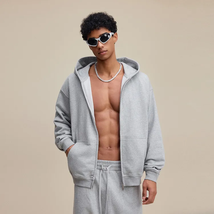 445G重磅双头拉链连帽开衫卫衣美式潮牌宽松纯色休闲运动情侣外套