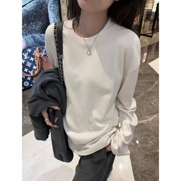 白色薄绒长袖t恤女2026新款秋冬内搭打底衫宽松遮肉显瘦百搭上衣