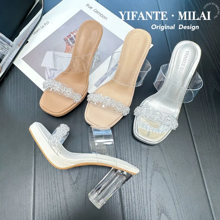 防水台凉鞋女2025新款夏季外穿法式水钻粗跟水晶凉拖鞋透明高跟鞋