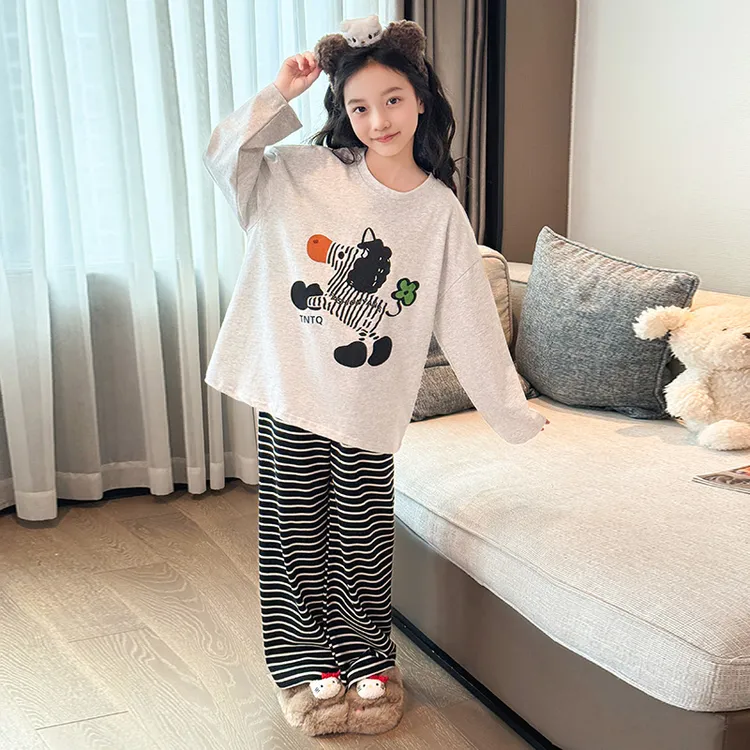 女童春秋新款宽松柔软小女孩6-12岁卡通家居服睡衣两件套潮童儿童