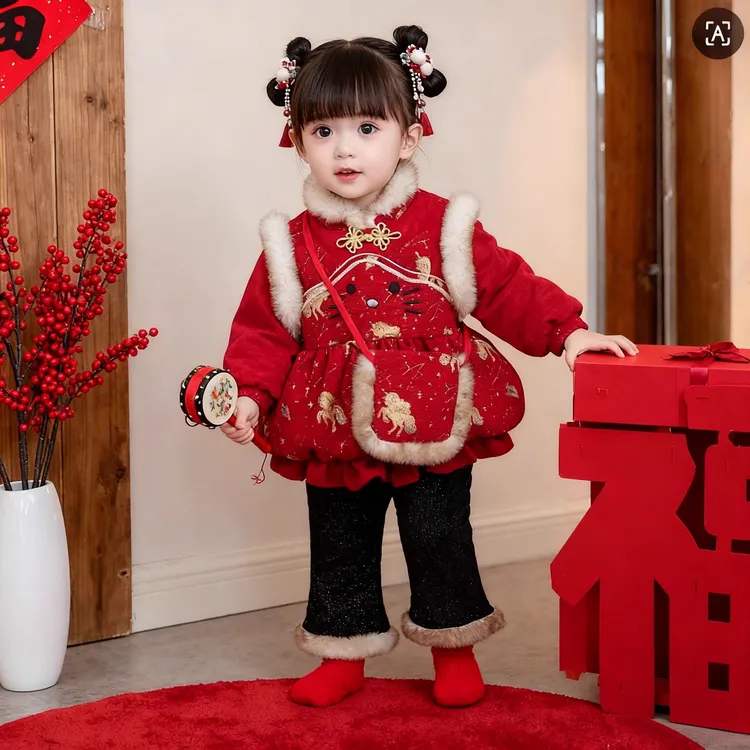 女童拜年服冬季加绒加厚套装儿童中国风宝宝周岁礼服新年喜庆汉服