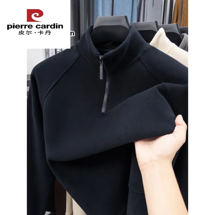 皮尔卡丹半高拉炼领卫衣男秋冬新款双面奥粒绒长袖T恤绵羊毛上衣