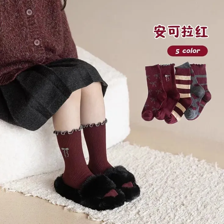 安可拉红女童花边棉质秋冬中筒袜女孩宝宝韩系甜美儿童潮袜堆堆袜