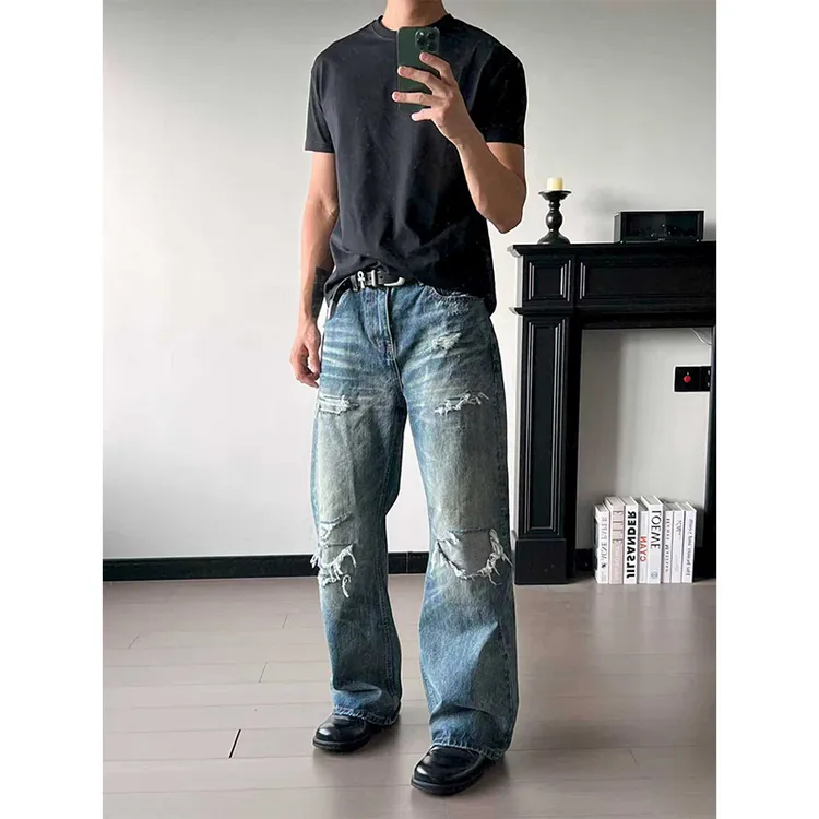 Holdup美式高街破坏补丁水洗猫须牛仔裤男女潮牌宽松直筒vibe裤子