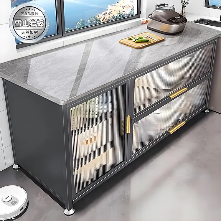 厨房置物架岩板落地多层储功能靠墙一体收纳餐边切菜工作台橱柜子