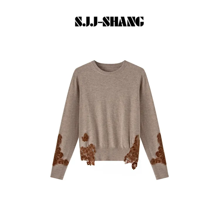 SJJ-SHANG【雾暖碎金】雪尼尔骨位蕾丝拼接设计感针织衫q135966p