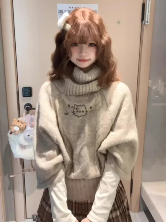萌系麻花针织套头斗篷毛衣女秋冬宽松加厚高领设计感减龄中袖上衣