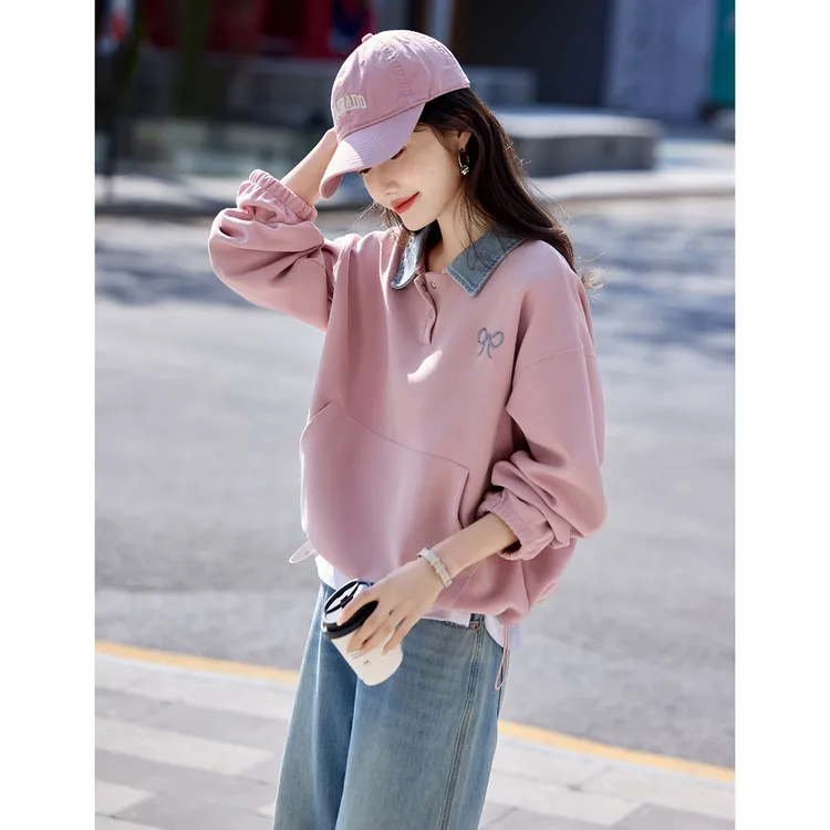 尚静牛仔拼接假两件上衣2025春季新款学院风少女减龄刺绣宽松卫衣
