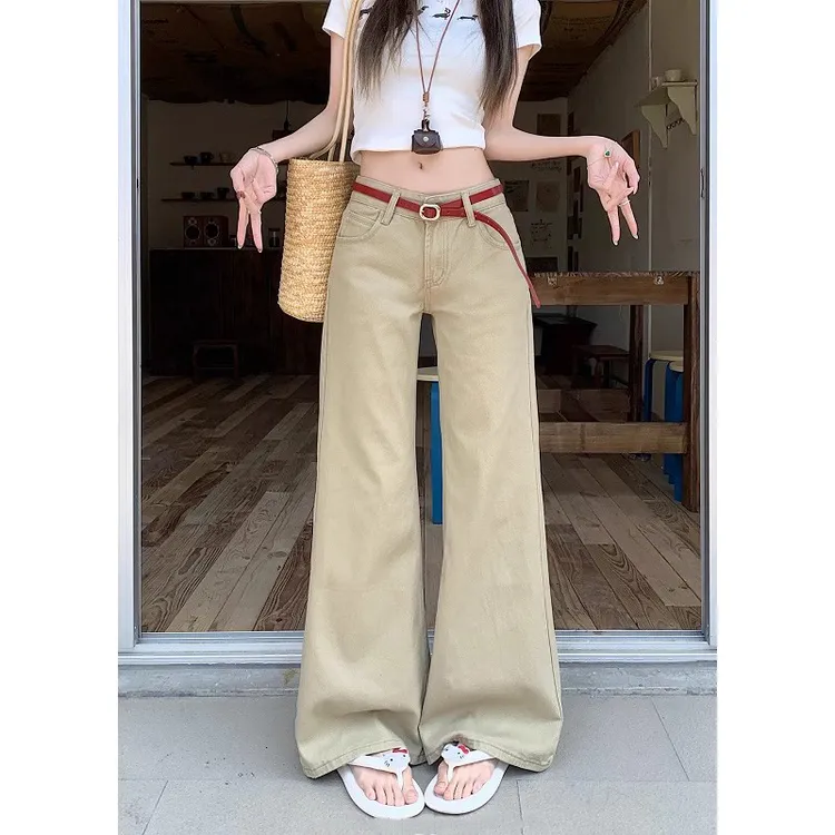 卡其色不贴腿显瘦微喇牛仔裤女秋季新款复古低腰显瘦垂感阔腿长裤