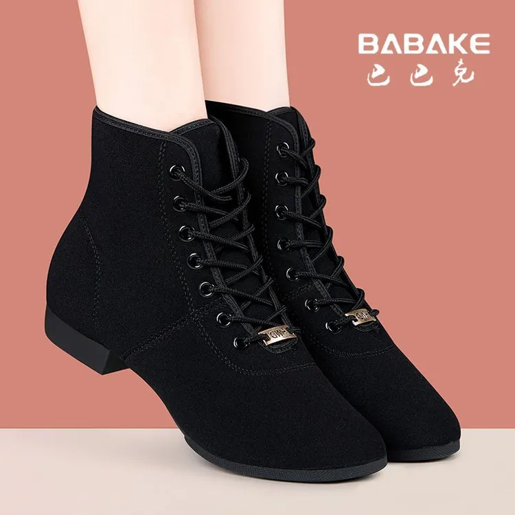 牛津布高帮拉丁舞靴女新款软底舒适交谊广场舞鞋中跟水兵舞鞋