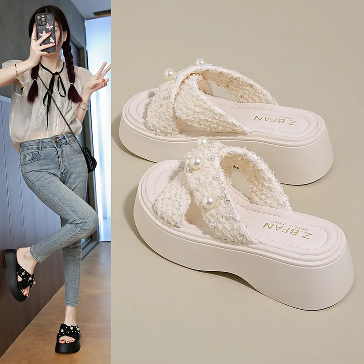 外穿小香风珍珠厚底拖鞋女夏2025新款高跟一字凉拖6cm增高小个子