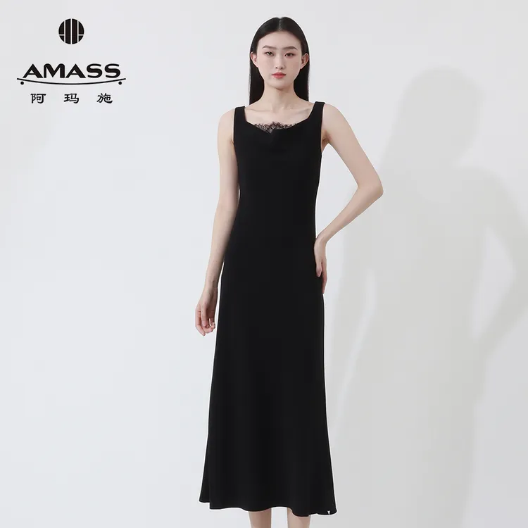 阿玛施AMASS法式蕾丝荡领新款黑色气质收腰鱼尾无袖连衣裙550056