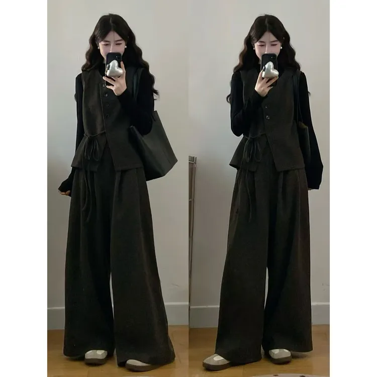 大码女装胖mm新款时尚显瘦毛呢马甲套装+T恤+阔腿裤三件套秋冬