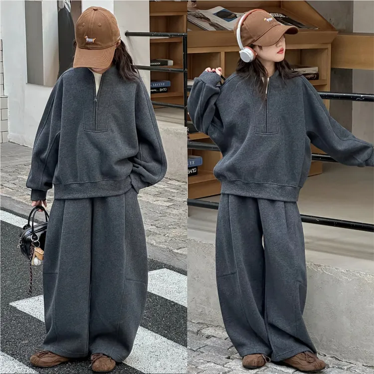 女童卫衣外套弯刀卫裤套装秋装2025新款加厚半拉链套头衫运动服潮