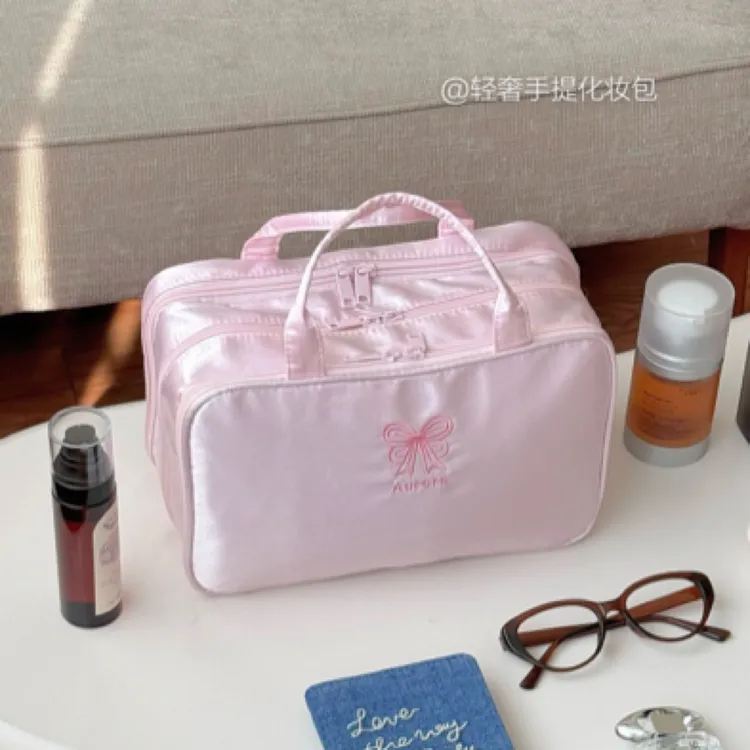 粉色甜美少女蝴蝶结三层便携式手提化妆包大容量外出旅行收纳包包