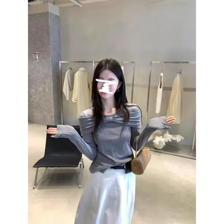 韩系简约入秋穿搭套装蝴蝶结长袖打底衫女装秋季直筒半身裙两件套