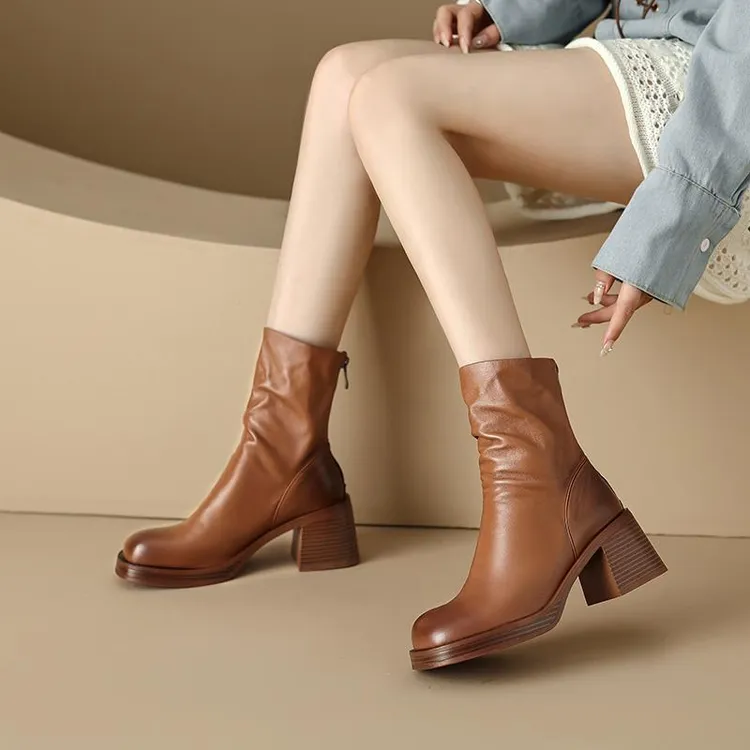 覆古英伦风后拉炼倒靴高跟瘦瘦靴女2025新款软羊皮厚底褶皱短靴子
