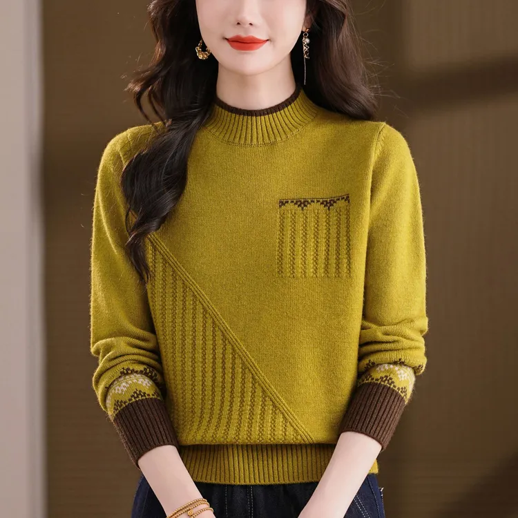 爆款羊毛衫女新款秋冬季拼色加厚半高领毛衣内搭上衣打底衫羊绒