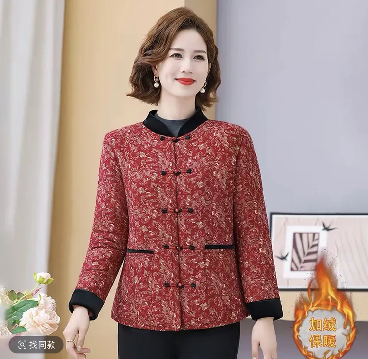中老年妈妈冬季款国风加厚碎花棉衣盘扣短款保暖外套